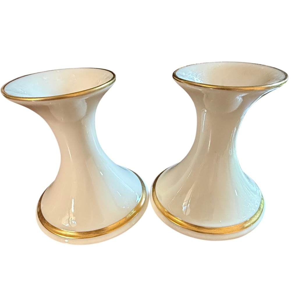 Lenox Candlestick Pair Ivory Gold Trim Fine China Trumpet Made in USA 4in